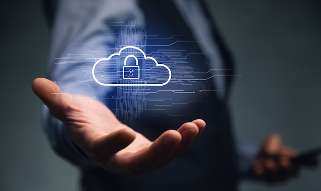 Man hand using phone with cloud computing system.