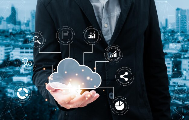 man holding cloud computing diagram show on hand Data storageCloud technologySecure backup and consistency Networking and internet service conceptImplementing storage technology in business