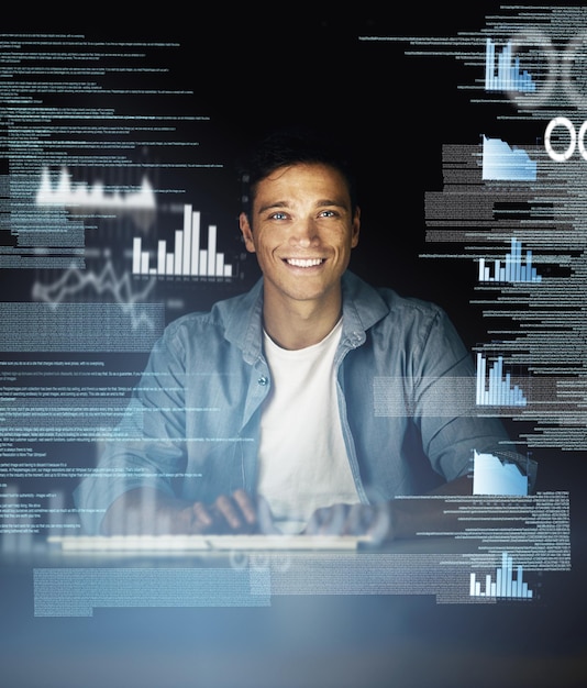 Man overlay and happy on computer with data analysis at night as employee for overtime and deadline for software Business male person and statistics with graphs programming and processing info