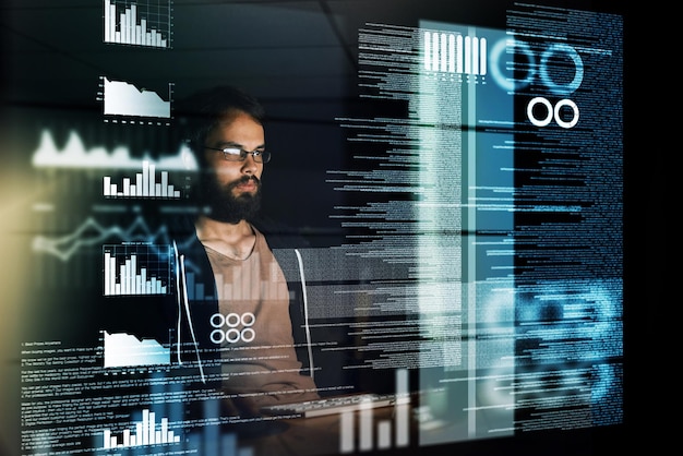 Man overlay and programming with coding software and analysis for cybersecurity and ecommerce development Male person programmer and information technology during night for cloud computing data