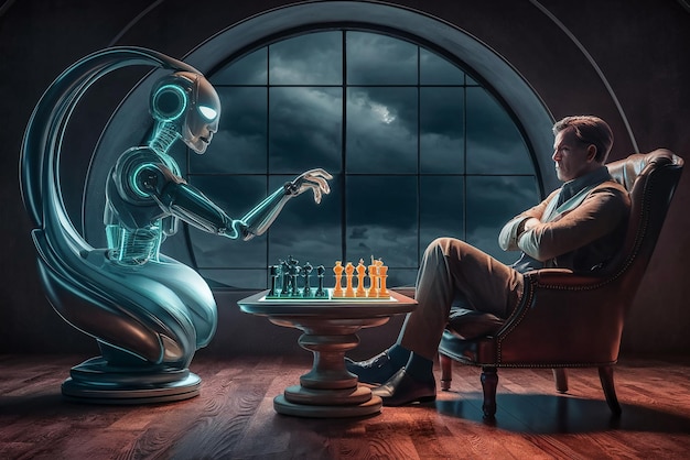 Man playing chess against a robot evolution of AI artificial Intelligence robotics surpassing huma