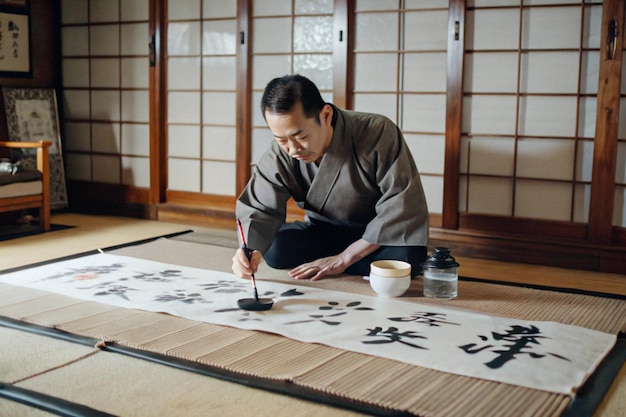 Man Practicing Japanese Calligraphy