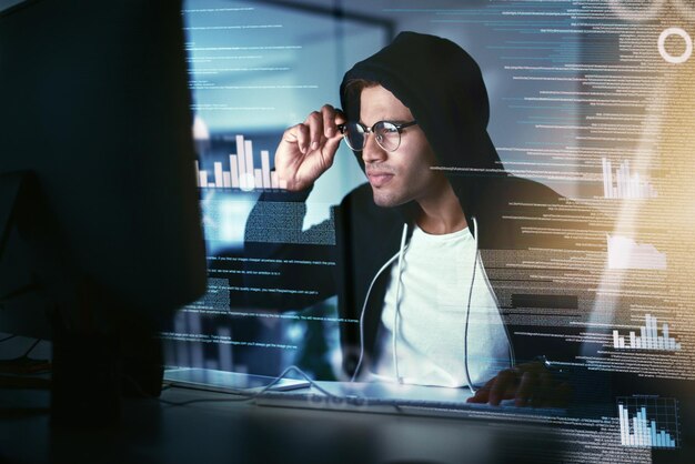 Man programmer and computer code at night for firewall breach and access in cyber security Software engineer tech and data protection with overlay dark web and analysis for blockchain or network