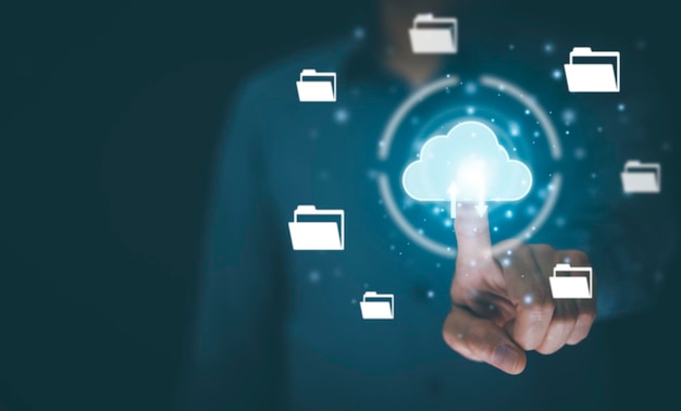 Man touching connect to data information on the Cloud Computing Technology Internet Storage Network Concept And a large database big data Through internet technology, Cloud sharing download and upload