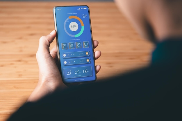 Man touching smart home interface smart home automation and Internet of Things IOT technology concept