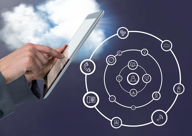 man using digital tablet with digitally generated application icons