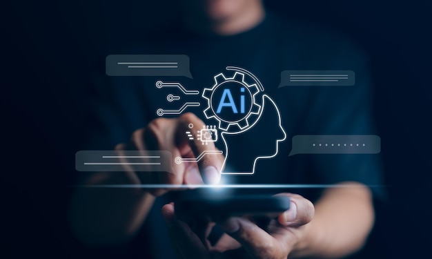 Man using technology smart robot AI Ai technology Artificial Intelligence artificial intelligence by enter command prompt for generates something Futuristic technology transformation Chat bot ai
