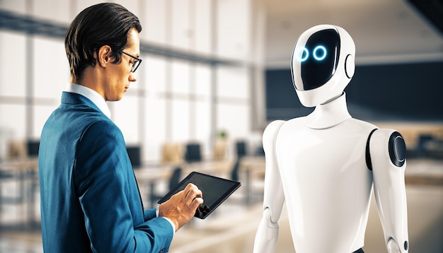 Man with tablet interacting with humanoid robot in office environment symbolizing AI and technology collaboration