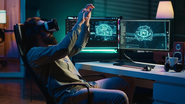 Man with VR glasses on happy after achieving AI superintelligence