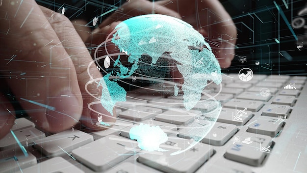 Man working on computer with graphic of business data analytic modernization
