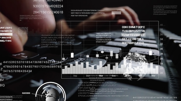 Man working on laptop computer keyboard with graphic user interface GUI hologram showing concepts of big data science technology, digital network connection and computer programming algorithm.
