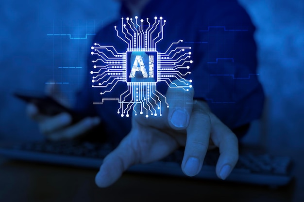 Mans fingers typing on laptop keyboard AI hologram with chatbot and online communication digital lines and global connection