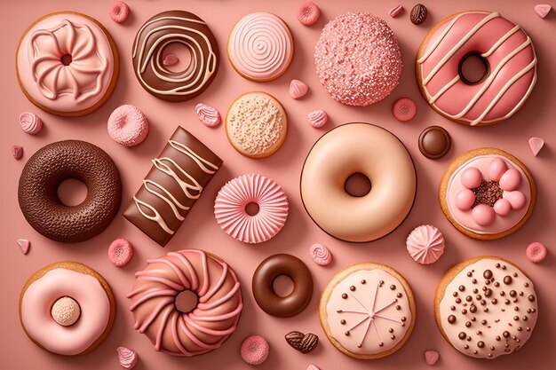 Many different types of donuts are arranged on pink background Generative AI