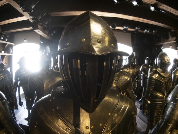 Many medieval iron metal armor