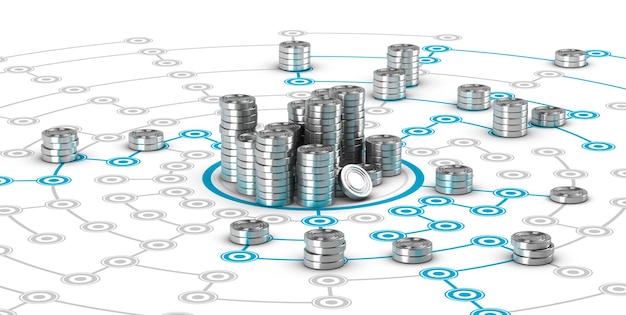Many symbolic coins on a collaborative network. Conceptual 3D image for illustration of crowdfunding or fund raising.