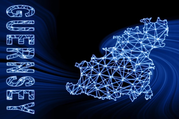 Map of Guernsey, Polygonal mesh line map, blue map on dark background