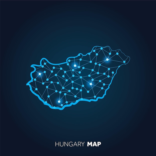 Map of Hungary made with connected lines and glowing dots