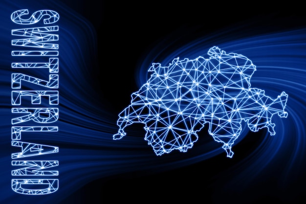 Map of Switzerland, Polygonal mesh line map, blue map on dark background