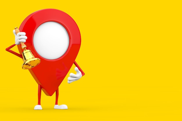 Map Pointer Pin Character Mascot with Vintage Golden School Bell on a yellow background. 3d Rendering