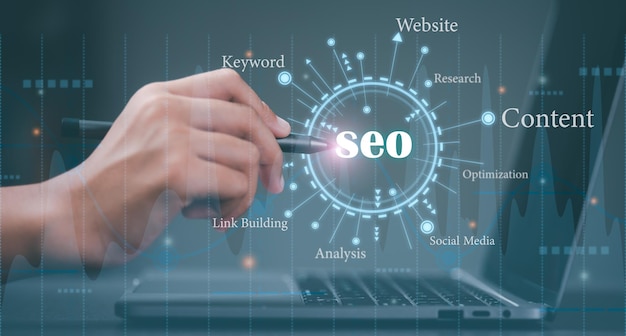 Marketers use pen to point to icons SEO concepts optimization analysis tools search engine rankings