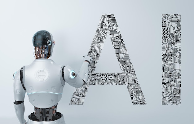 Maskininlärningskoncept, 3D-rendera AI-robot med grafiskt HUD-gränssnitt
