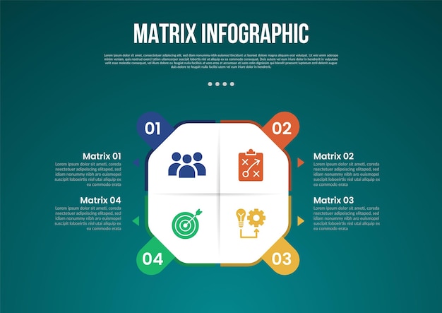 matrix structure dimensions template infographic with round square box with round rectangle point edge with 4x4 dimension with dark style for slide presentation