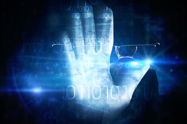 Mature businessman holding an umbrella against digital security hand print scan