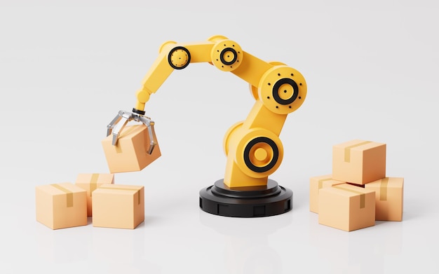 Mechanical arms carry boxes Assembly line and mechanical operation 3d rendering