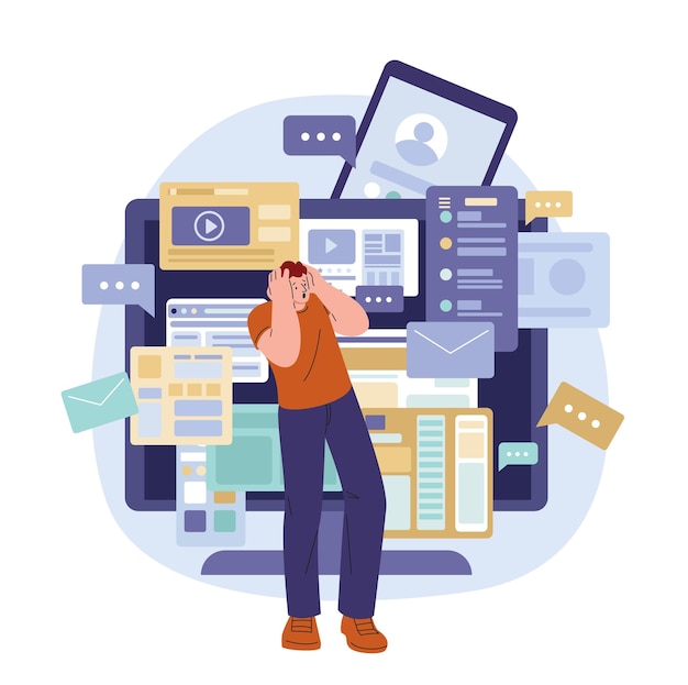 Media info noise Fake news virtual social communication Sad man and website elements Person in panic digital addiction and disinformation kicky vector concept