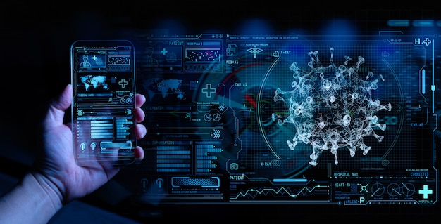 medical science doctor working with modern smart phone computer in the laboratory with a biological ar for analysis and sampling of covid-19 infectious disease.