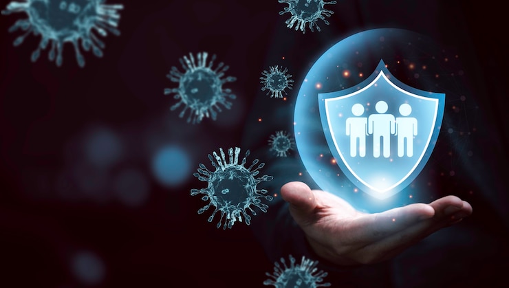 Foto medicinsk sundheds- og livsforsikringskoncept, hånd, der holder beskyttende virtuel vagt for at forhindre coronavirus eller covid 19. sundhedskoncept af 3d-gengivelse.