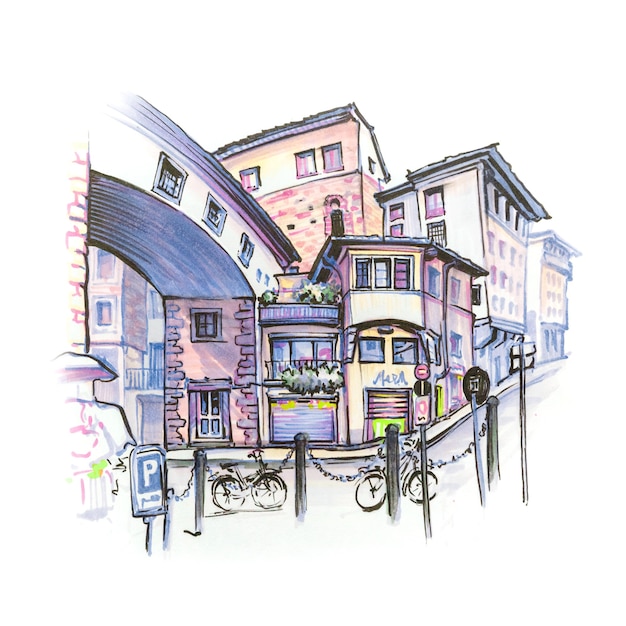 medieval street with funny houses in the old town in florence, tuscany, italy. sketch made liner and markers