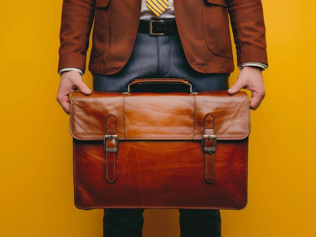 Medium shot of Lawyer man with detailed beautiful face holding briefcase waist high shot photography