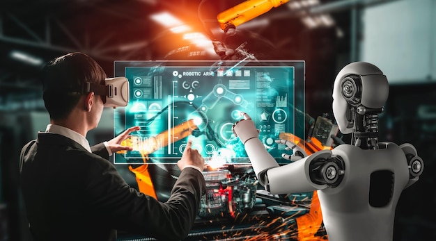 Mekaniseret industrirobot og menneskelig arbejder, der arbejder sammen på fremtidens fabrik