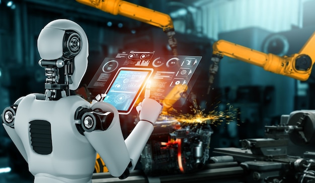 Mekaniseret industrirobot og robotarme til samling i fabriksproduktion.