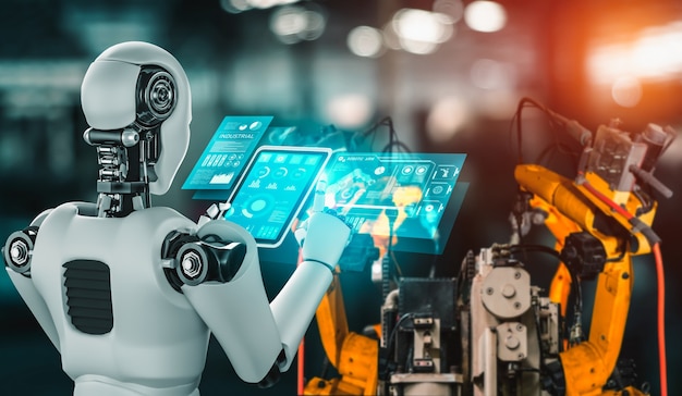 Mekaniseret industrirobot og robotarme til samling i fabriksproduktion.