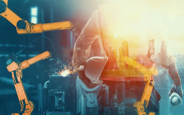 Mekaniseret industrirobotarm og fabriksarbejder – dobbelteksponering