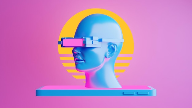 metaverse vr simulation gaming cyberpunk style digital robot 3d illustration rendering virtual reality