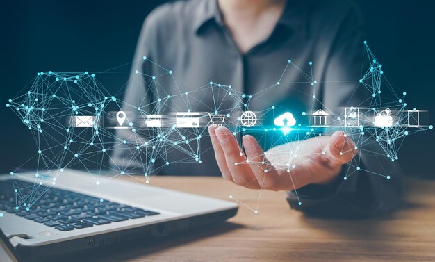 Midsection woman hold hologram screen displaying modern cloud based web system technology