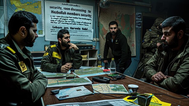 Military team planning strategy discussing war operation using maps