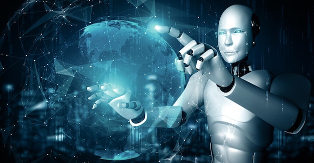 Mlp ai hominoid robot touching hologram screen shows concept of global communication