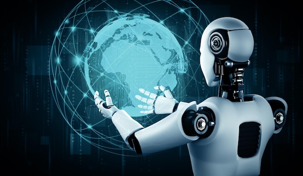 Mlp ai humanoid robot holding hologram screen shows concept of global communication