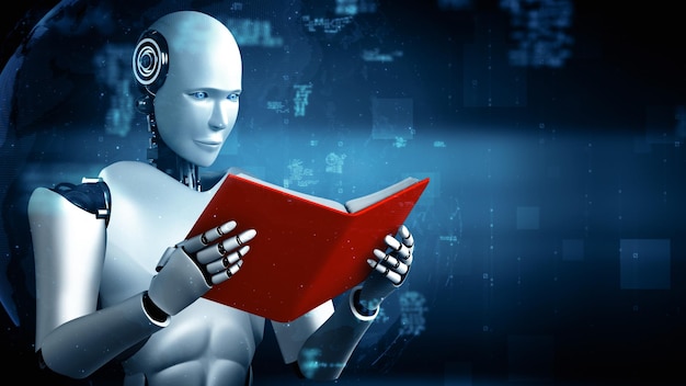 mlp d rendering of robot hominoid reading book and solving math