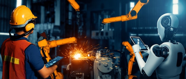 Mlp mechanized industry robot and human worker working together in future factory