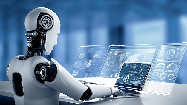 Mlp robot hominoid use laptop and sit at table for big data analytic