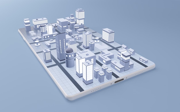 mobile phone with city buildings on the screen 3d rendering