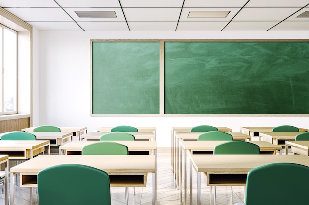 modern classroom interior with empty desks and green chalkboard 3d rendering