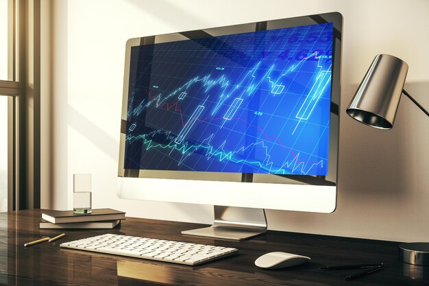Modern computer display with abstract financial graph financial and trading concept 3D Rendering