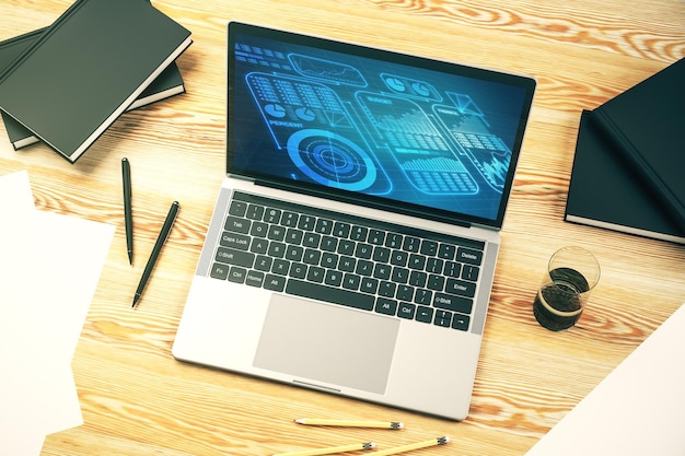 modern computer display with abstract graphic data spreadsheet sketch analytics and analysis concept 3d rendering