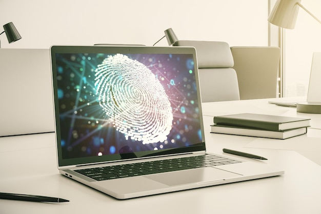Modern computer display with abstract graphic fingerprint sketch fingerprint scan data concept 3D Rendering